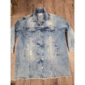 Before You Collection Oversized Denim Jacket Long Stretch Size Medium Distressed